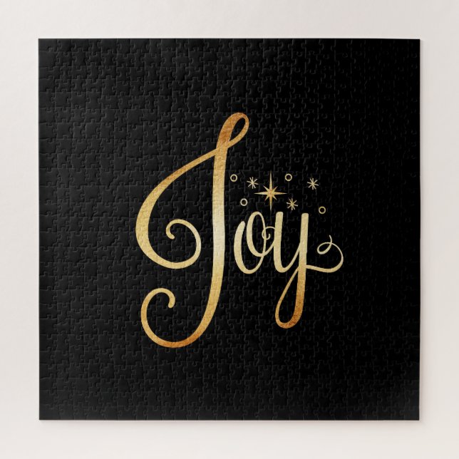 “Joy” Black Gold Script Elegant Holiday Fun Family Jigsaw Puzzle (Vertical)