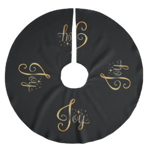“Joy” Black Gold Script Elegant Holiday Seasonal Brushed Polyester Tree Skirt