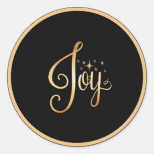 “Joy” Black Gold Script Elegant Holiday Seasonal Classic Round Sticker