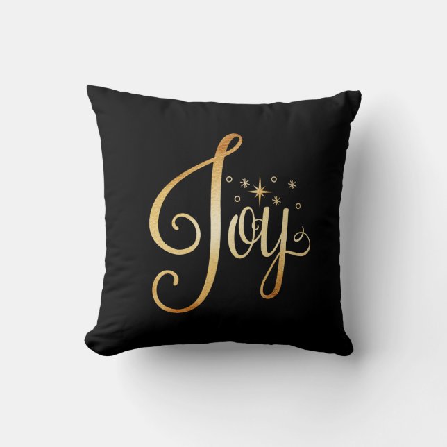 “Joy” Black Gold Script Elegant Holiday Seasonal Cushion (Front)