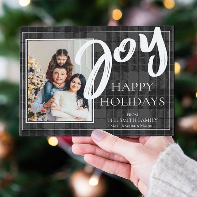 Joy Black Plaid Tartan Photo Happy Holidays Holiday Postcard (Creator Uploaded)