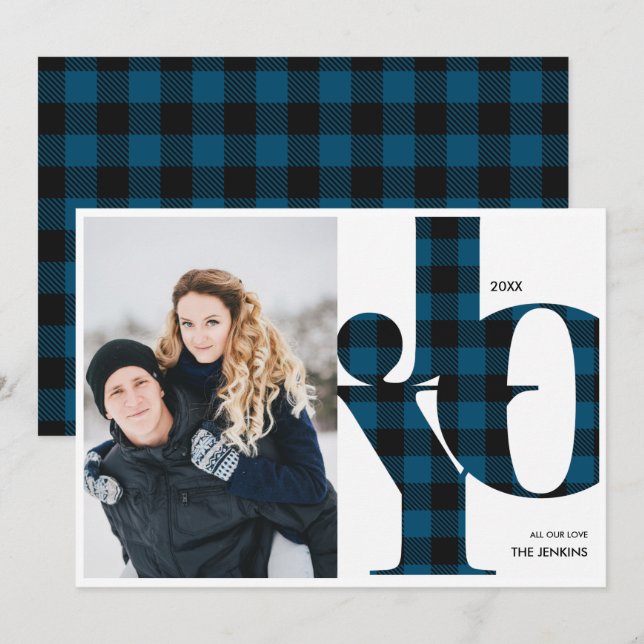 Joy | Blue Buffalo Plaid Photo Holiday Invitation (Front/Back)