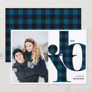 Joy   Blue Buffalo Plaid Photo Holiday Invitation