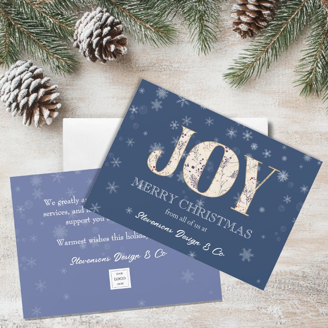 Joy Blue Business Holiday Card with Logo (Creator Uploaded)