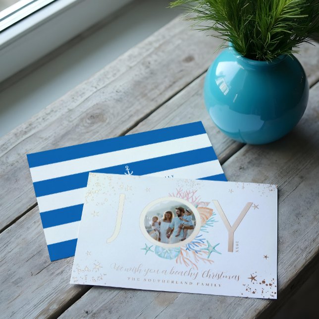 Joy Blue Coastal Christmas Beach Seashell Photo Foil Holiday Card (Joy Blue Coastal Christmas Beach Seashell Photo Foil Holiday Card)