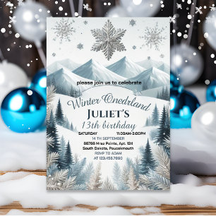 joy blue girl snow Winter Onederland 13th birthday Invitation