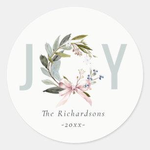 Joy Blush Blue Green Winter Christmas Wreath Classic Round Sticker