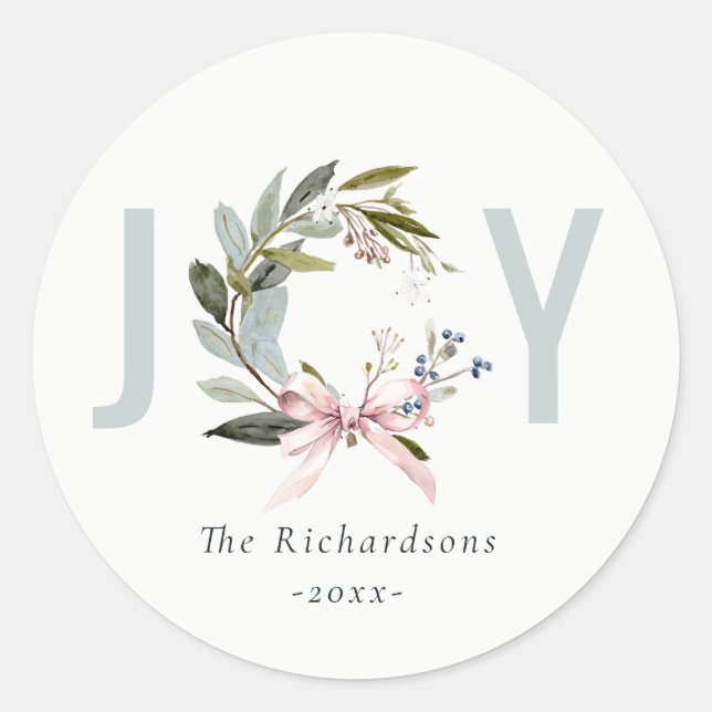Joy Blush Blue Green Winter Christmas Wreath Classic Round Sticker (Front)