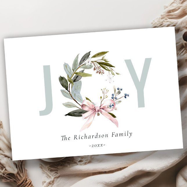 Joy Blush Blue Green Winter Christmas Wreath Holiday Card (Creator Uploaded)