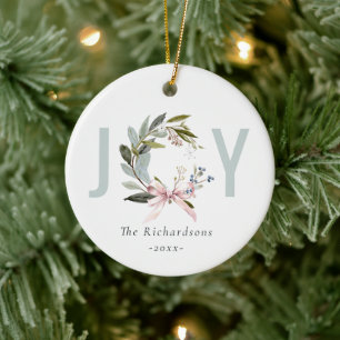 Joy Blush Blue Green Winter Christmas Wreath Photo Ceramic Tree Decoration