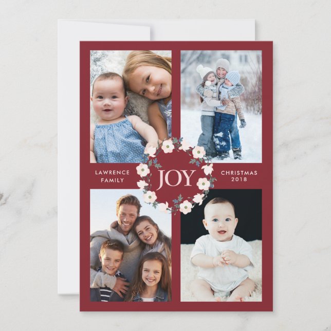 Joy Blush Burgundy Floral Wreath Christmas 4 Photo Holiday Card (Front)