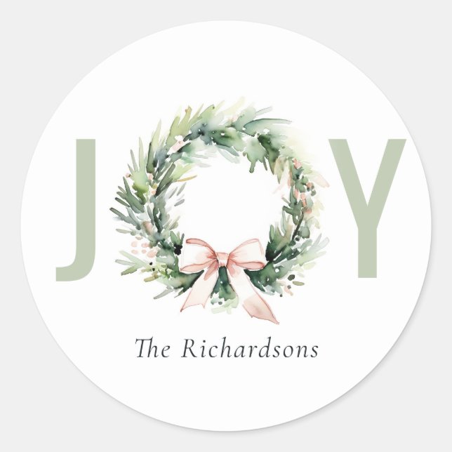 Joy Blush Green Christmas Wreath Watercolor Classic Round Sticker (Front)