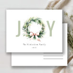 Joy Blush Green Christmas Wreath Watercolor Holiday Postcard<br><div class="desc">If you need any further customisation please feel free to message me on yellowfebstudio@gmail.com.</div>