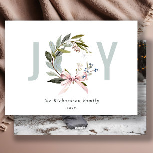 Joy Blush Green Winter Christmas Wreath Photo Holiday Card