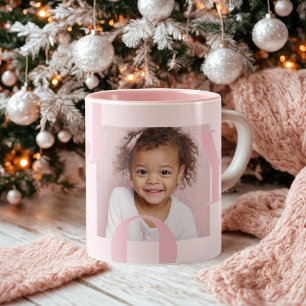 JOY Blush Pink Christmas   Personalized Photo Two-Tone Coffee Mug