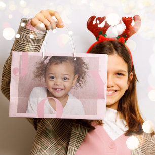 JOY Blush Pink Modern Christmas Personalised Large Gift Bag