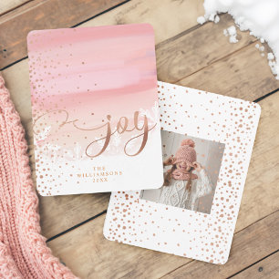 Joy   Blush Watercolor Ombre Wash Snowflakes Photo Holiday Card