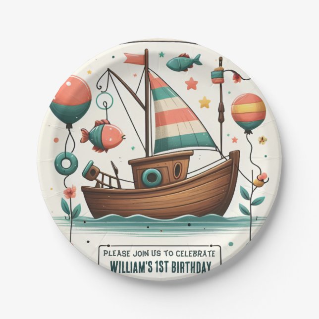 joy boat cute boy Fish ofishally one 1st Birthday Paper Plate (Front)