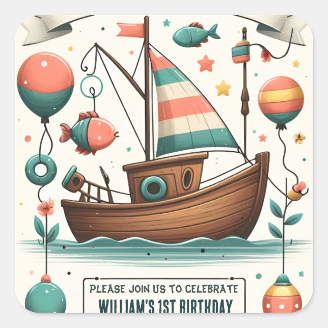joy boat cute boy Fish ofishally one 1st Birthday Square Sticker (Front)