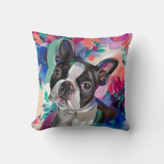 'Joy' Boston Terrier Dog Art pillow (Front)