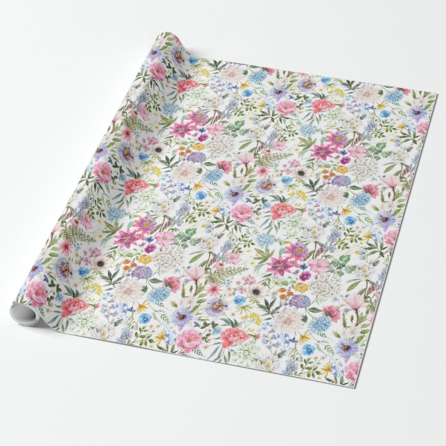 Joy Botanical Floral Festive Garden Pattern Pink Wrapping Paper (Unrolled)