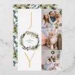 JOY Botanical Pine Wreath Photo Collage Christmas  Foil Holiday Card<br><div class="desc">JOY | Send your warm holiday greetings with this customisable gold foil Christmas card. It features watercolor pine needles,  eucalyptus leaves and pinecones. Personalise this greenery holiday card by adding your details. This custom photo Christmas card is available on other cardstock. Matching items are available.</div>