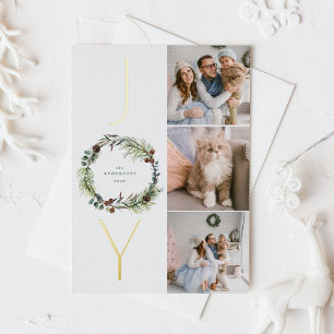 JOY Botanical Pine Wreath Photo Collage Christmas  Foil Holiday Postcard
