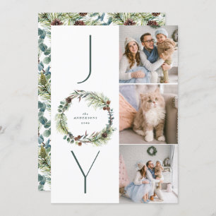 JOY Botanical Pine Wreath Photo Collage Christmas  Holiday Card