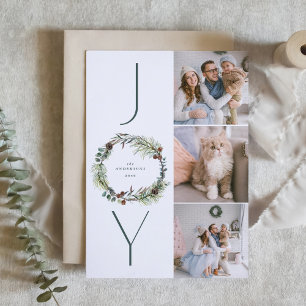 JOY Botanical Pine Wreath Photo Collage Christmas  Holiday Card