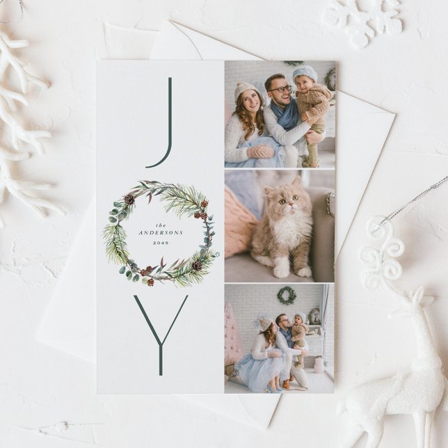 JOY Botanical Pine Wreath Photo Collage Christmas  Holiday Postcard (Creator Uploaded)