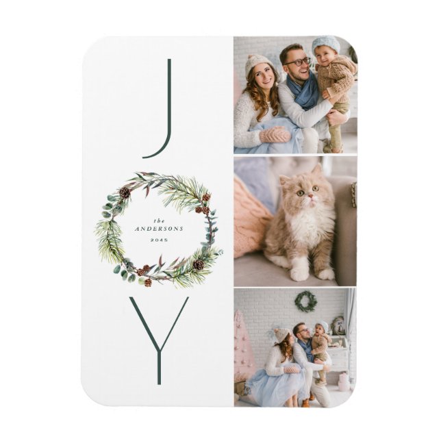 JOY Botanical Pine Wreath Photo Collage Christmas  Magnet (Vertical)