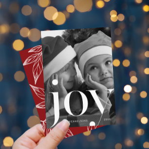 Joy Botanical Print with Photo Red Christmas Invitation