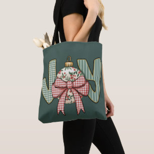 Joy Bow and Ornament Preppy Christmas Holiday Tote Bag