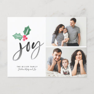 Joy Brush Script Holiday Christmas 2-Photo Announcement Postcard