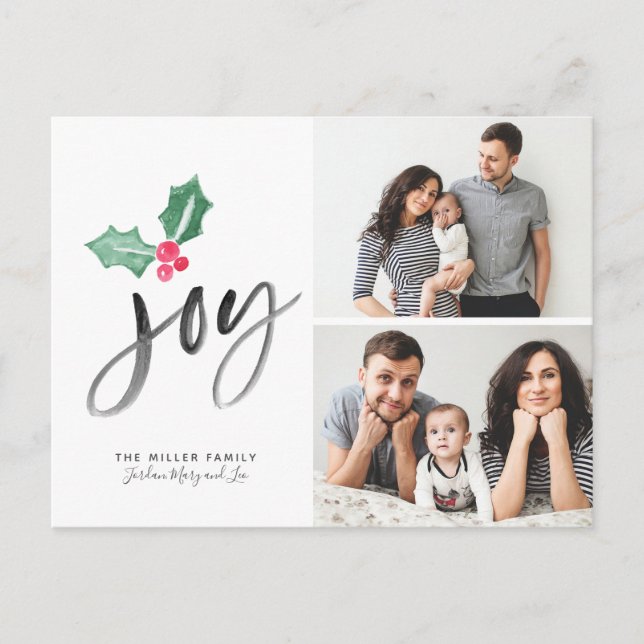 Joy Brush Script Holiday | Christmas 2-Photo Announcement Postcard (Front)