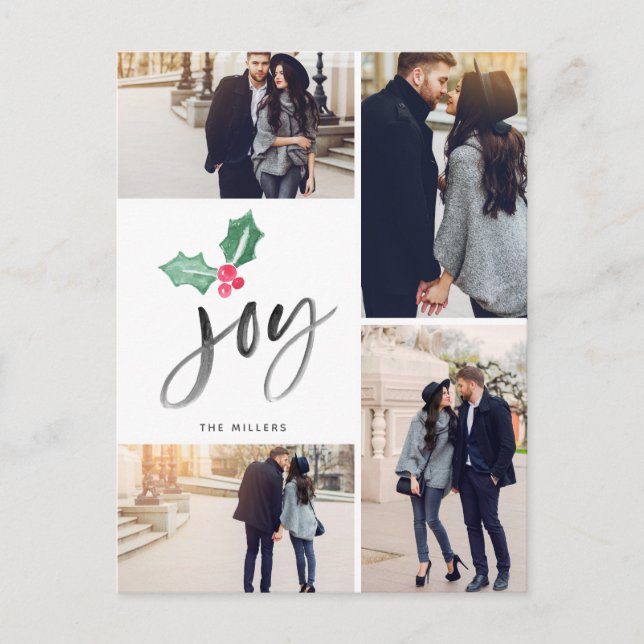 Joy Brush Script Holiday | Christmas 4-Photo Announcement Postcard (Front)