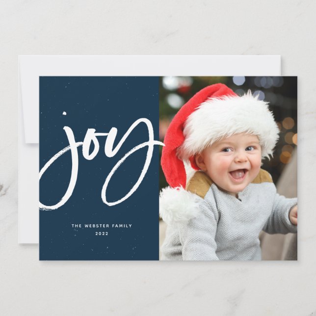 Joy brush script modern navy one-photo Christmas Holiday Card (Front)