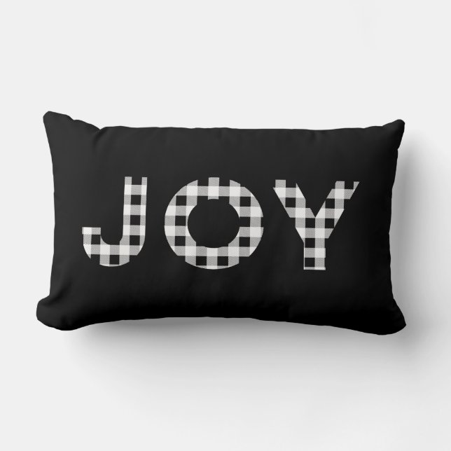 Joy Buffalo Check Black White Holiday Throw Pillow (Front)