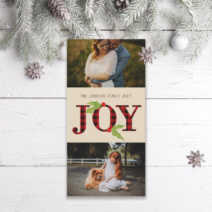 Joy Buffalo Check Rustic Plaid Christmas 2 Photo Holiday Card