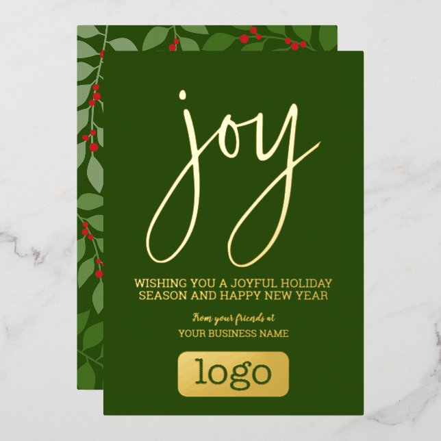 Joy Business Christmas Greeting Green Leaves Gold Foil Holiday Card (Front/Back)