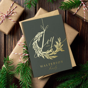 Joy Calligraphy Garland Wreath Family Photo  Foil Holiday Card