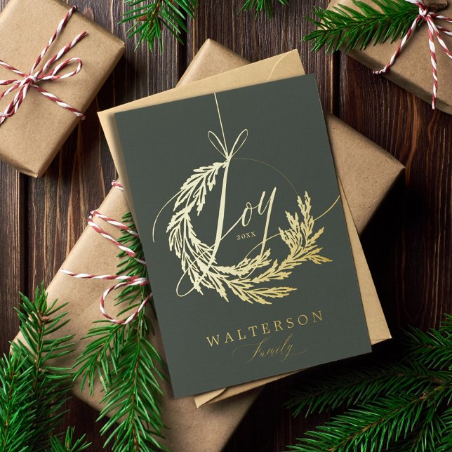 Joy Calligraphy Garland Wreath Family Photo  Foil Holiday Card (Joy Calligraphy Garland Wreath Family Photo Foil Holiday Card)