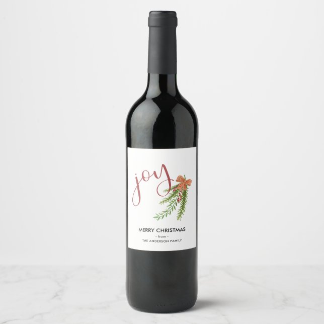 Joy Calligraphy I Watercolor Christmas Greens Wine Label (Front)