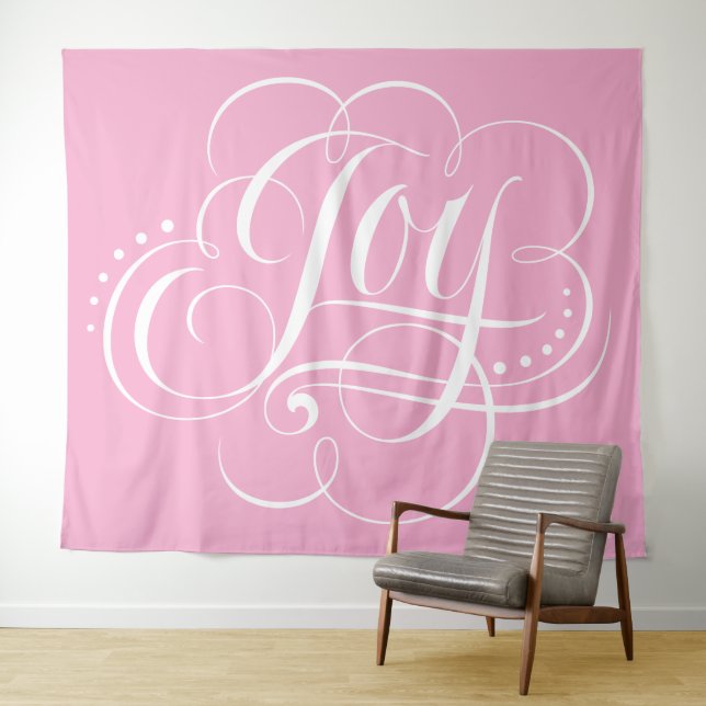 JOY Calligraphy Lettering Calm Happy Pink Tapestry (In Situ (Horizontal))