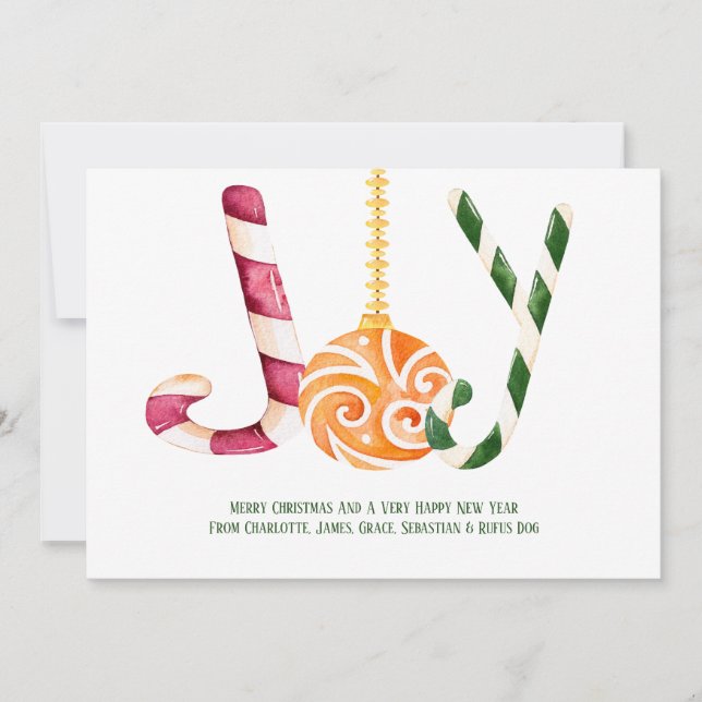 Joy Candy Cane Photo Personalised Christmas Holiday Card (Front)