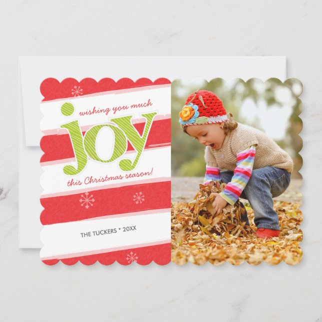 JOY Candy Cane Stripes Christmas Photo Red Green Invitation (Front)