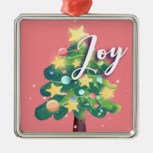 Joy Carton Christmas Tree Pink  Metal Ornament