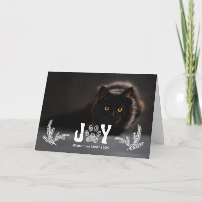 Joy Cat Paw Print and Pines Horz Photo Holiday Card (Front)