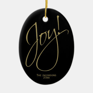 Joy! Chic Minimal Black & Gold Christmas Photo Ceramic Tree Decoration