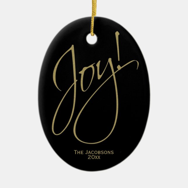 Joy! Chic Minimal Black & Gold Christmas Photo Ceramic Tree Decoration (Front)